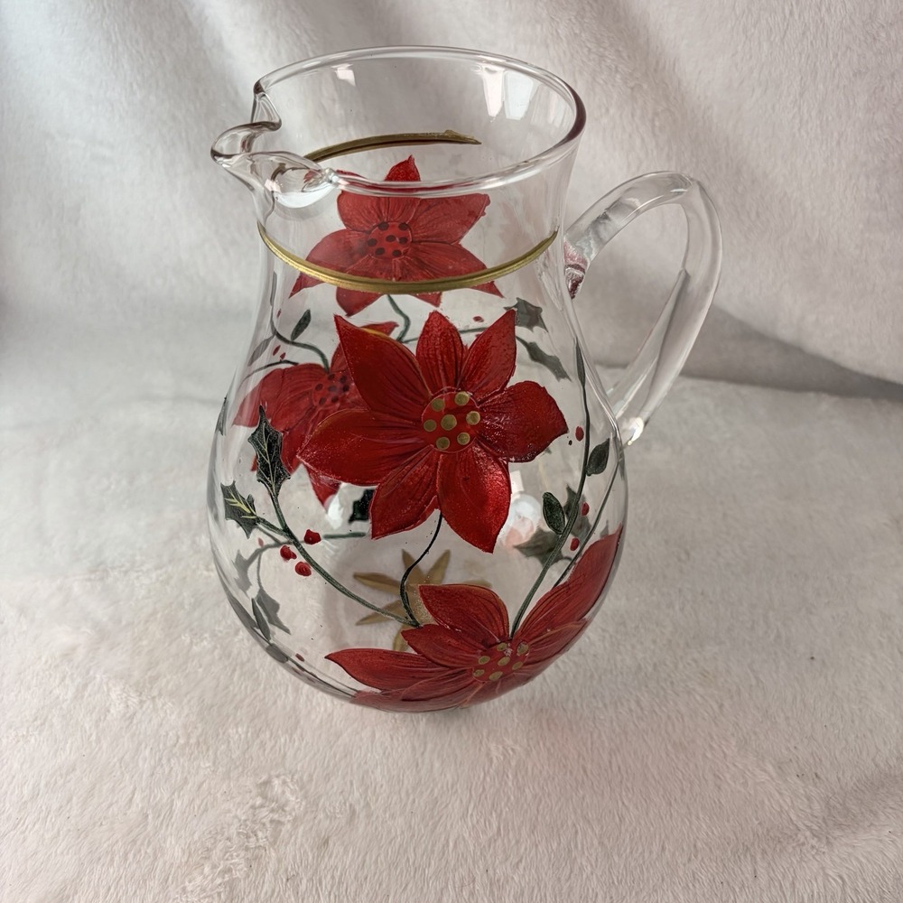 Vintage 90s Celebrations Poinsettia Glass Pitcher Hand Painted Festive Crackle